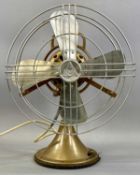 VINTAGE AMCO ELECTRIC OSCILLATING TABLE FAN, three speed, gold painted body, four polished aluminium