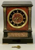 VICTORIAN BLACK SLATE & ROUGE MARBLE MANTEL CLOCK, circular dial with brass bezel and gilded Roman