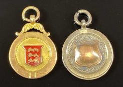 9CT ROSE GOLD & ENAMEL FOB, B & D FC 1926-27 Junior Championship, J. Hadfield, 3.8gms and a silver