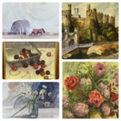 GROUP OF FIVE PAINTINGS VARIOUS ARTISTS & MEDIUMS, W.E POWARD watercolour - Conwy Castle, 36 x