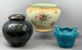 THREE CERAMIC PLANTERS comprising an Art Pottery stoneware vase of bulbous baluster form, blue