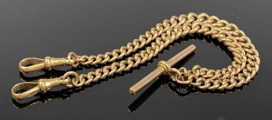 9CT ROSE GOLD GRADUATED LINK DOUBLE ALBERT WATCH CHAIN with T bar and twin clips, 33cms (l), 32gms