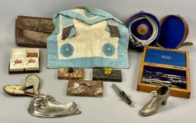 MIXED GROUP OF COLLECTABLES including a Victorian oak cased set of drawing instruments, a leather