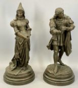 PAIR OF LATE 19TH CENTURY SPELTER FIGURES of medieval lady and gentleman on circular plinths,