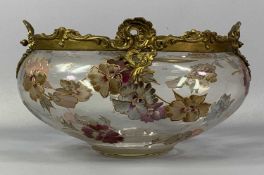 CONTINENTAL OVAL GLASS BOWL with Rococo form gilt metal mounts, enamel painted decoration of