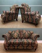 CHARTWELL WINGBACK CHAIRS & TWO SEATER SOFA, Caserta green fabric upholstery, brass castors to front