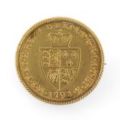 GEORGE III GOLD GUINEA, 1791, in yellow metal bar brooch mount, 11.9gms Provenance: private