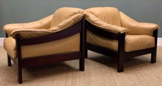 PAIR OF LEATHER LOUNGE CHAIRS, solid wood frames, caramel leather upholstery, 80 (h) x 90 (w) x