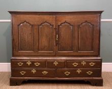 18TH C. WELSH OAK TWO PART MULE CHEST, upper converted to cupboard, five drawers below on raised