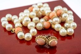 PEARL & CORAL NECKLACE, 9ct gold clasp, 39.5cms long, together with pair of coral earrings