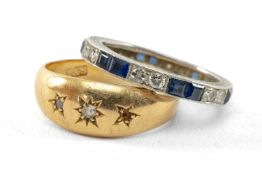 TWO RINGS, comprising diamond and sapphire eternity ring set with 12 square cut sapphires and 13