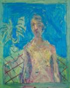 ‡ MEIRION GINSBERG (Welsh b.1985) oil on canvas - entitled verso, 'Topless Self Portrait' on