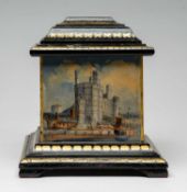 WELSH FOLK ART SLATE TEA CADDY circa 1850, with four hand-painted panels depicting north Wales