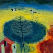 ‡ WIL ROWLANDS mixed media - entitled verso 'Dwy Am Lwc (Two For Joy)', signed with initials, 35 x