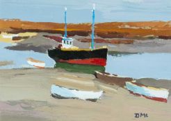 ‡ DONALD MCINTYRE (1923-2009) acrylic on board - entitled verso, 'Low Tide' signed with initials, 18