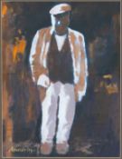 ‡ ANEURIN JONES (Welsh 1930-2017) oil on paper - standing farmer, with message verso, 'Dymuniadau