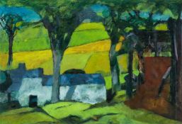 ‡ JOHN ELWYN (Welsh 1916-1997) acrylic on paper - entitled verso, 'Shaded Barns', with John Elwyn
