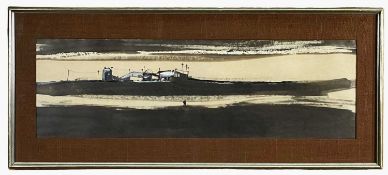 ‡ ROGER CECIL (Welsh 1942-2015) mixed media - barren landscape with colliery and figure, signed in