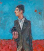 ‡ MEIRION GINSBERG (Welsh b.1985) oil on canvas - entitled verso, 'Camera Kid' on Oriel Tegfryn