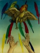 ‡ ALAN SALISBURY (b.1946) mixed media and oil on glass panel - entitled verso, 'Durer's Cock' on