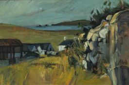 ‡ AUDREY HIND (b. 1936) oil on board - entitled verso, 'Farm, Trecastell', signed, 19 x 29cms