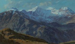 ‡ DAVID WOODFORD (b.1938) oil on card - entitled verso, 'Snowdon' on Martin Tinney Gallery label,