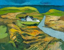 ‡ JOHN ELWYN (Welsh 1916-1997) oil on canvas - landscape with lane and buildings, signed and dated