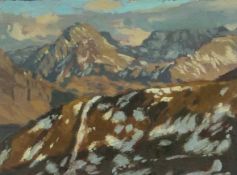 ‡ DAVID WOODFORD (b.1938) oil on board - entitled verso, 'Tryfan and the Glyders', 14.5 x 19cms
