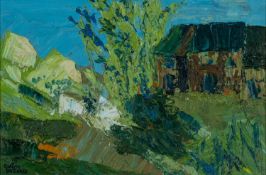‡ GWILYM PRICHARD (Welsh 1931-2015) oil on panel - landscape with buildings and trees, signed, 19