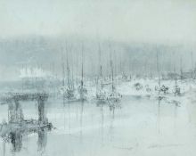 ‡ WILLIAM SELWYN (Welsh b. 1933) conté and wash - harbour view with yachts, signed in full, 30 x