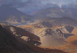‡ DAVID WOODFORD (b.1938) large, fine exhibition quality oil on canvas - Llyn Llydaw, Eryri (