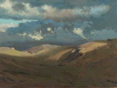 ‡ DAVID WOODFORD (b.1938) oil on board - Eryri (Snowdonia) landscape with clouds, 18 x 23.5cms