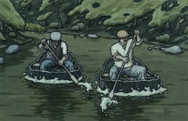 ‡ ALAN WILLIAMS (Welsh Contemporary) acrylic - entitled verso, 'Coraclers', signed, 33 x 51cms