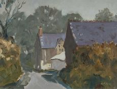 ‡ GARETH THOMAS (Welsh 1955-2019) oil - entitled verso, 'Sunlit Lane, Haverfordwest' on Albany