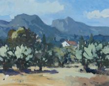 ‡ GARETH THOMAS (Welsh 1955-2019) oil on board - entitled verso, 'White House Near Pernes-les-