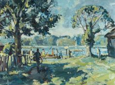 ‡ EDWIN FORREST (1918-2002) oil on board - entitled verso, 'The Landing, Ellesmere', signed, 53 x