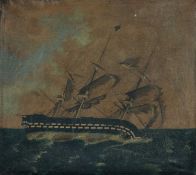 19TH CENTURY WELSH PRIMITIVE oil on canvas - folk art portrait of a brig struggling in a storm at