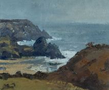‡ GARETH THOMAS (Welsh 1955-2019) oil on board - entitled verso, 'Three Cliffs from Penmaen',