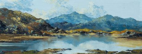 ‡ CHARLES WYATT WARREN (Welsh 1908-1993) oil on board - Eryri (Snowdonia) landscape with lake,