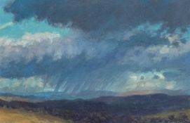 ‡ DAVID WOODFORD (b.1938) oil on card - landscape with rain clouds, signed, 12 x 18cms Provenance: