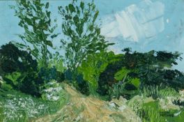 ‡ GWILYM PRICHARD (Welsh 1931-2015) oil on board - landscape, possibly Greece, entitled verso, '