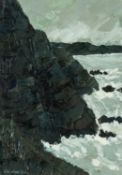 ‡ WILF ROBERTS (Welsh 1941-2016) oil - entitled verso, 'Creigiau, Ynys Lawd / Rocks, South Stack',