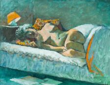 ‡ JOHN ELWYN (Welsh 1916-1997) oil on board - nude study, artist's studio stamp verso, 37 x 49cms