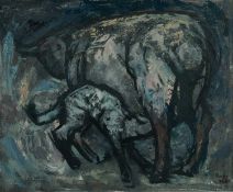‡ CHARLES WHITE (1928-1997) oil on board - entitled verso, 'Lambing in Welsh Mountains', signed