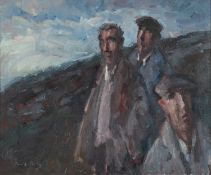 ‡ GARETH PARRY (Welsh b.1951) oil on canvas - entitled verso 'Tri Cymydog, Ar Foncyn / Three Friends