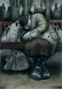 ‡ MURIEL DELAHAYE (Welsh, 1931 - 2021) charcoal and pastel - entitled verso, 'The Bag Lady', signed,