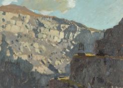 ‡ DAVID WOODFORD (b.1938) oil on card - entitled verso, 'Bethesda Quarry', signed, 18 x 25cms