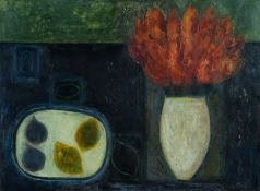 ‡ VIVIENNE WILLIAMS (Welsh b.1955) oil on paper - entitled verso, 'Dark Table with Tulips', 56 x