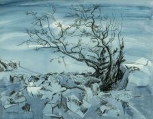 ‡ MEGAN JONES (Welsh b.1936) conté and wash - entitled verso, 'Hawthorn, Garn Goch', signed, 40 x