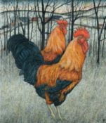 ‡ SEREN BELL (b.1950) pen and ink - two Rhode Island cockerels, signed, 44 x 38cms Provenance: